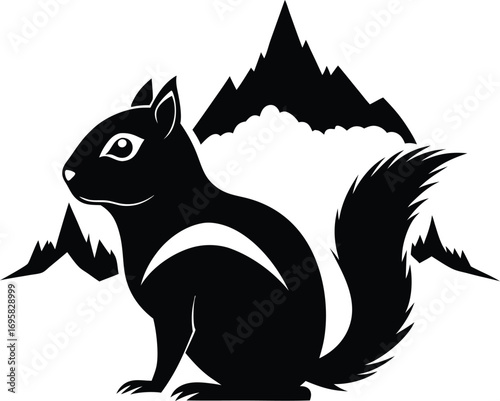 Silhouette of a chipmunk sitting in front of mountain peaks and clouds Keywords: chipmunk, rodent, animal