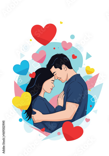 A tender moment of love between two people surrounded by hearts and abstract shapes