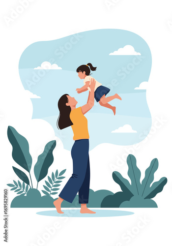 A mother happily tosses her young child into the air outdoors on a sunny day surrounded by lush greenery