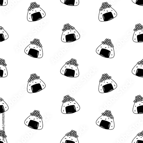Onigiri with caviar line art vector seamless pattern. Sushi print, packaging design, background
