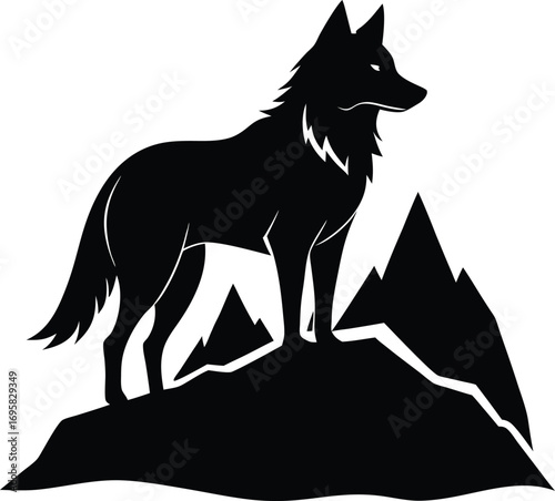 Silhouette of a wolf standing on a rocky outcrop with mountain peaks Keywords: wolf, canine, animal