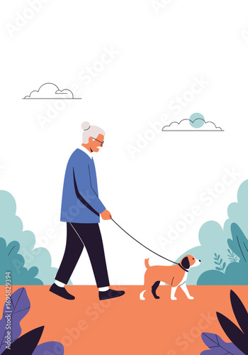 An elderly person enjoys a leisurely stroll through a park with their beloved canine companion on a sunny day