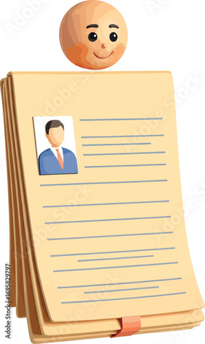 Cartoon onion character smiling atop a stack of resume pages, concept of job applications