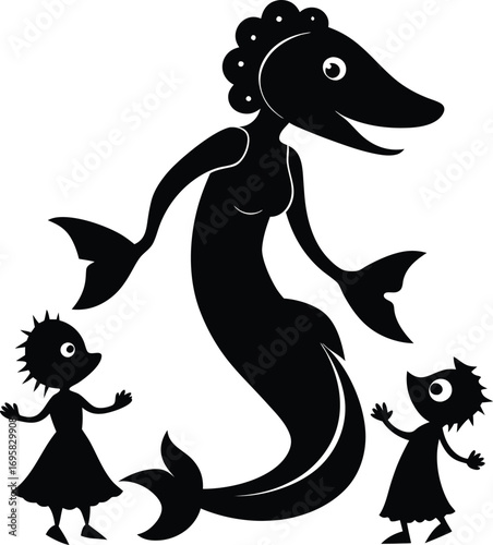 Whimsical Mermaid Mother and Two Children Silhouettes on White Keywords: mermaid, mother, children, family
