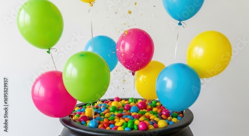 Vibrant balloons rising from a cauldron overflowing with colorful candy, perfect for birthday parties and celebrations with childlike wonder