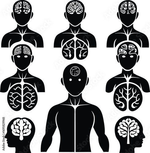 Human Brain Anatomy Silhouette Vector Illustration: Medical Diagram, Neurology, Psychology, Science, Education, Black & White Graphics
