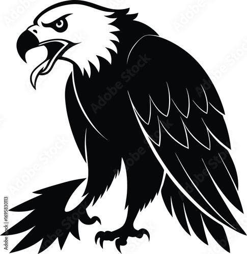 Aggressive black eagle with open beak and sharp claws on white Keywords: eagle, bird, falcon, hawk