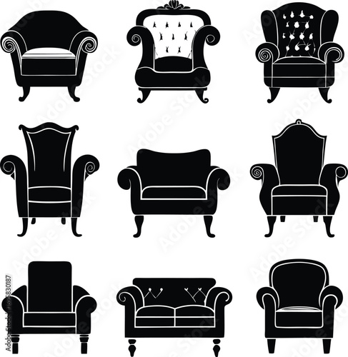 Assortment of Black Silhouette Armchairs and Sofas on White Background furniture interior