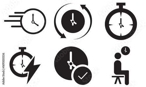 Collection of modern time and clock icons. Icons related to time, clocks, alarm, deadlines, schedules, and punctuality, useful for apps, websites, or infographics.

