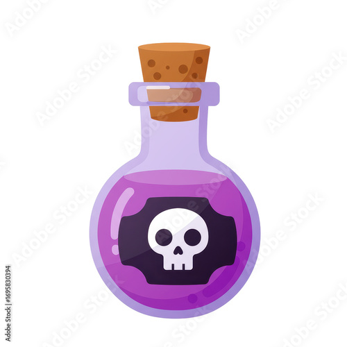 A vibrant purple potion bottle featuring a skull and crossbones label, sealed with a cork. Perfect for fantasy, magic, or halloween themed designs and gaming assets.