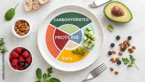 Healthy food pie chart presentation on a minimalist white plate showcasing balanced nutrition with fresh ingredients