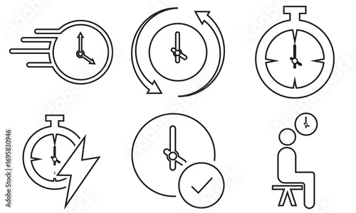 Collection of modern time and clock icons. Icons related to time, clocks, alarm, deadlines, schedules, and punctuality, useful for apps, websites, or infographics.

