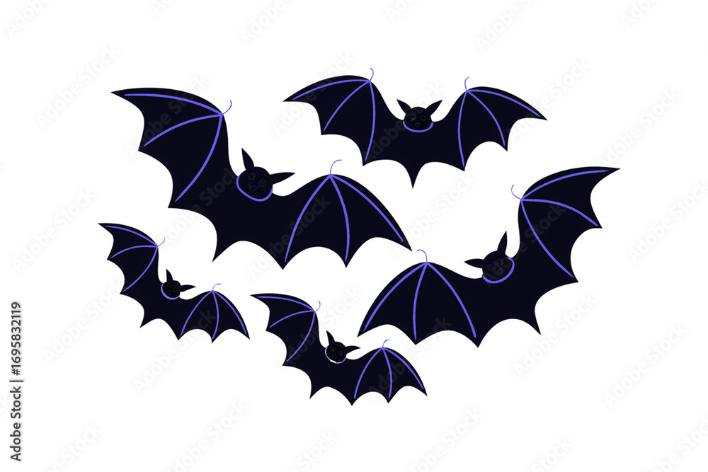 Naklejka premium Group of six black and purple bats with outstretched wings flying together, isolated on a transparent background