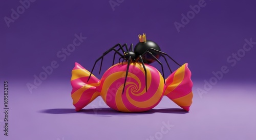 Spooky Halloween treat a candy with a spider wearing a gold crown on a purple background perfect for fun holiday designs