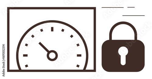 Speedometer with indicator needle and adjacent padlock conveying security, efficiency, and protection. Ideal for cybersecurity, data safety, speed control, system optimization, privacy tools, secure