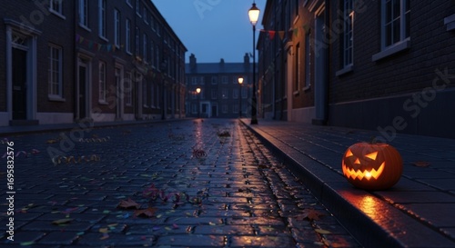 Spooky Halloween night scene with glowing jack-o'-lantern on cobblestone street, perfect for holiday promotions and festive designs