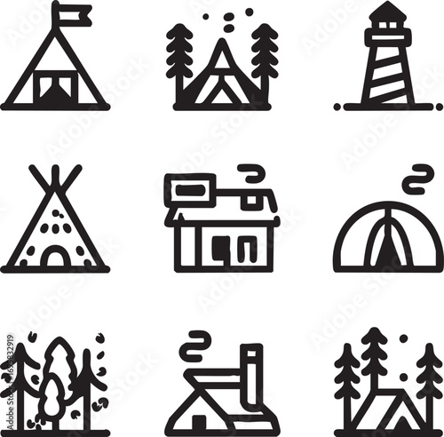 Camping and outdoor adventure icons vector set: tents, lighthouse, cabins eps silhouette