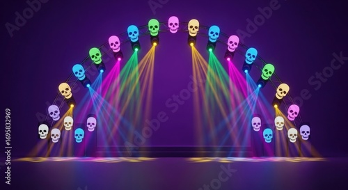 Vibrant Halloween stage with skull lights and colorful beams for spooky event promotion or themed party background design element