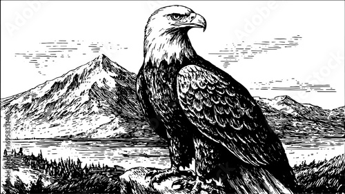 Eagle standing in a black and white outline. Vintage vector illustration showcasing nature and wilderness in an artistic style.