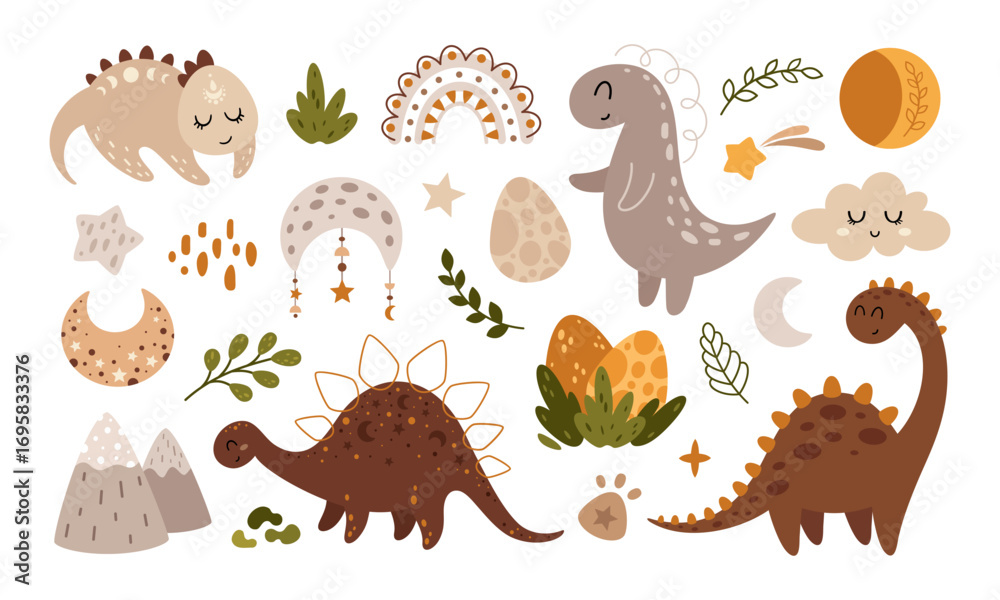 Fototapeta premium Bohemian dinosaurs clipart set, celestial moon, stars, rainbow, dino eggs and plants. Boho baby vector illustration