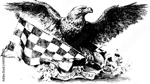 Eagle holding a checkered flag and ribbon with outstretched wings. Vintage vector illustration with detailed monochrome style.