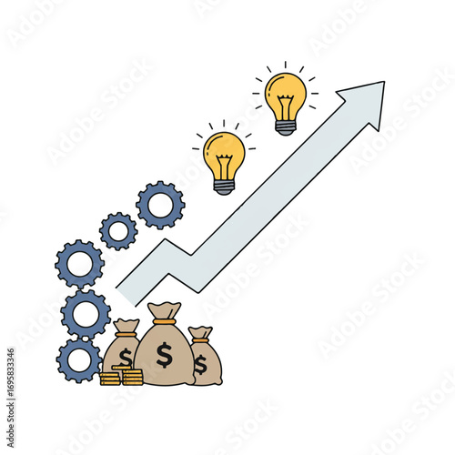 A clear 2D flat vector illustration showing a step-by-step business growth journey with an ascending arrow connecting cogwheels, lightbulbs, and money bags on a white background.