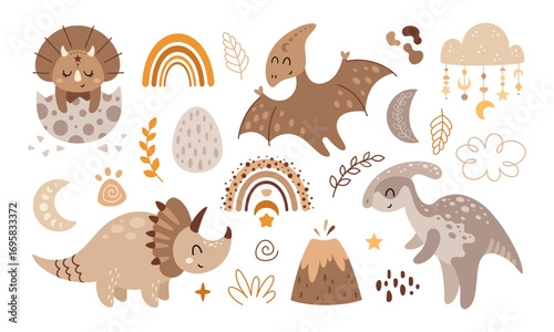Boho dinosaurs clipart set, celestial moon, cloud, rainbow, dino egg and plants. Bohemian vector illustration