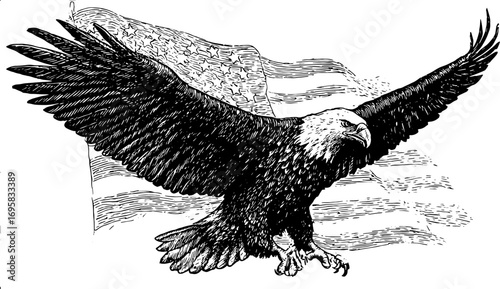 Eagle with outstretched wings in front of a waving flag. Detailed ink drawing in black and white. Patriotic vector illustration.