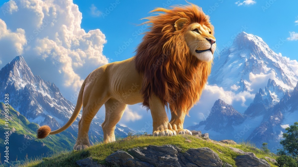 Obraz premium strong and bold lion with a large orange mane blowing in the wind standing atop a hill 
