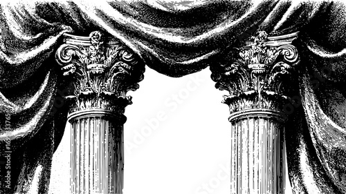 Corinthian columns with detailed capitals and curtain ornament. Classical architecture engraving vector illustration.