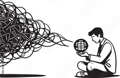 Concept art: man holding globe, overcoming chaos and finding clarity - vector illustration eps silhouette