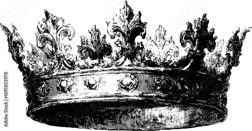 Vintage royal crown with ornate engraved floral detail. Antique style vector illustration with classic black and white linework.