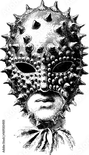 Spiked mask covering the head and face with detailed line art. Vintage black and white vector illustration with stylized and textured elements.