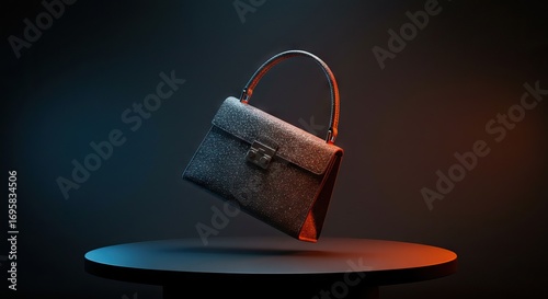 A handbag glittering with a dark textured surface hovers above a round black table against a twotone background