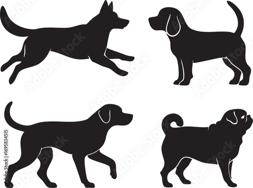 Dog breed silhouettes vector: german shepherd, beagle, labrador, pug clipart eps