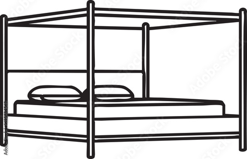 Four poster bed vector illustration, line art bed frame, bedroom furniture eps silhouette