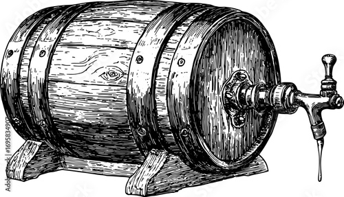 Vintage barrel illustration in black and white outline style. Detailed vector set showcasing classic craftsmanship in storage design.