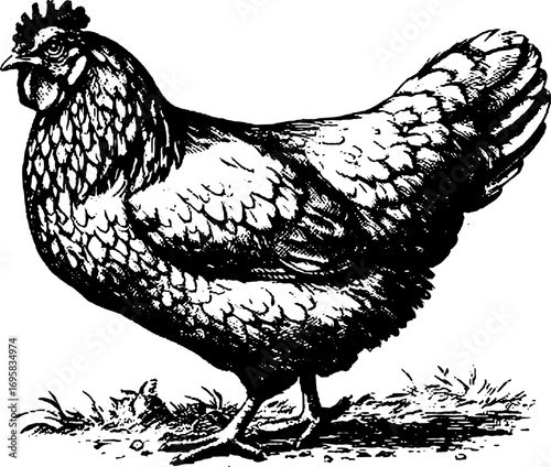 Vintage line drawing of a chicken. Detailed black and white illustration, suitable for craft projects in a vector format.