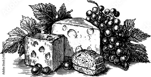 Vintage outline illustration of cheese, grapes, and bread. This black and white vector set features leaves, perfect for a classic still-life.