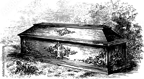 Coffin illustration in vintage style, black and white outline showing memorial elements in a decorative set of vector art.