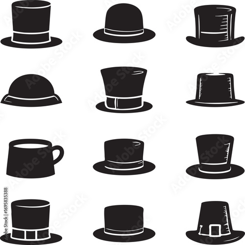 Vector illustration: collection of black hats and mug clip art eps silhouette