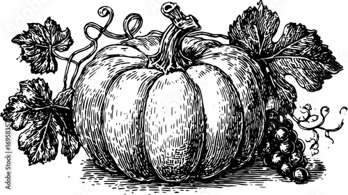 Vintage black and white pumpkin outline with leaves. Detailed vector illustration featuring an engraving style set of botanical elements.