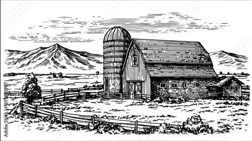 Barn and silo in vintage outline style. Black and white vector illustration depicting a rural landscape with scenic hills.