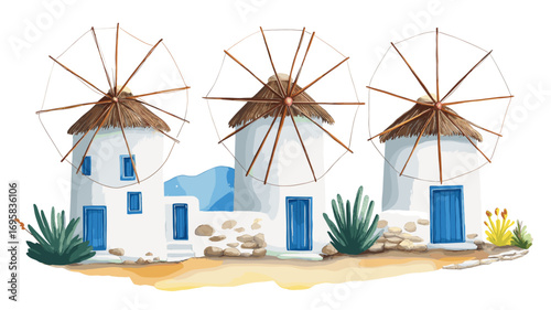 Mykonos Windmills. Mykonos Windmills watercolor vector illustration