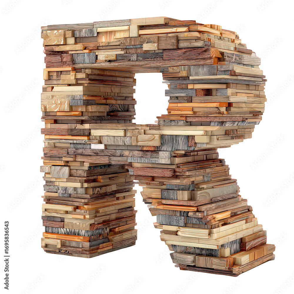 Fototapeta premium Three Dimensional Wooden Letter R with Varied Texture