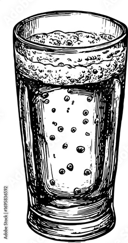 Glass of soda with bubbles in a detailed handdrawn sketch style. Black and white vector illustration with vintage line design.