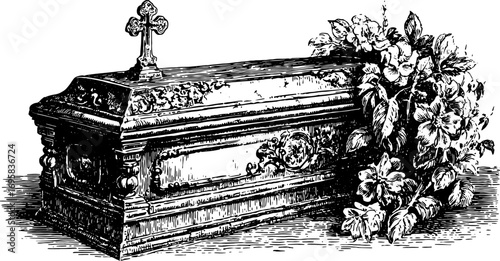 Coffin with floral decoration and cross in black and white vintage style. Monochrome funeral vector illustration with engraved ornament and flowers.