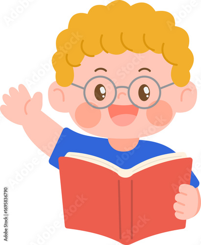A boy with curly hair, blonde hair, and glasses reads a book illustration and raises his hand to ask a question