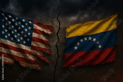 USA flag and Venezuela flag with a war theme. Symbolizing conflict and political tension. International disputes, political conflict, or global crisis themes