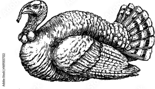 Turkey bird with detailed feathers in vintage style. Ink line vector illustration with handdrawn texture.